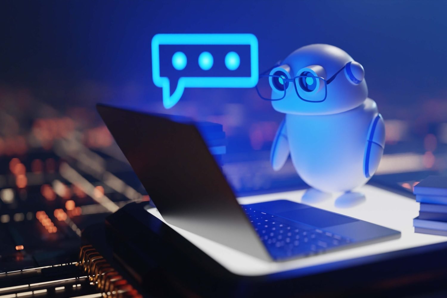 Cute Conversational copilot AI robot with speech bubble, 3d rendering